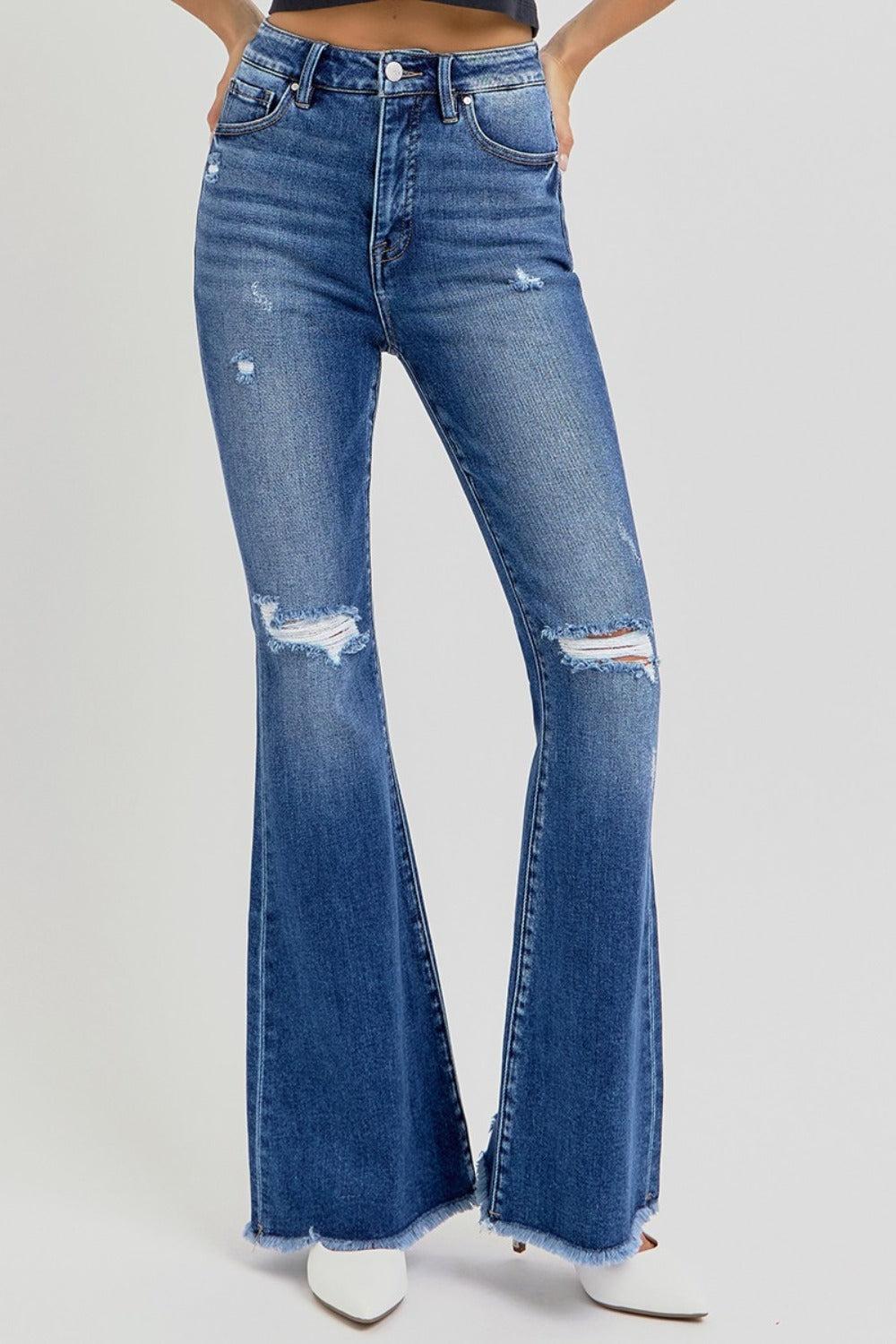 RISEN High Rise Flare Distressed Raw Hem Jeans