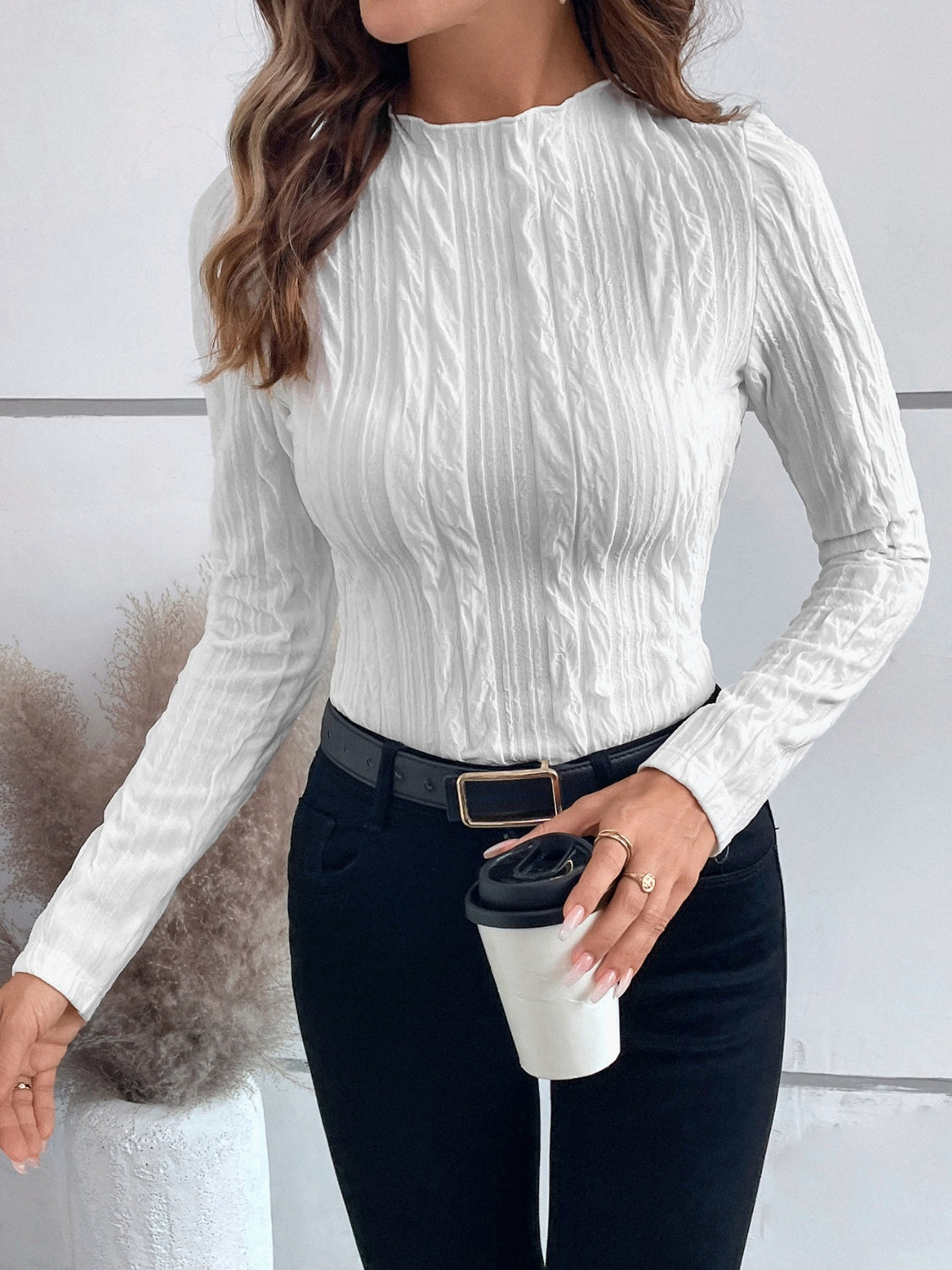 Textured Mock Neck Long Sleeve Top