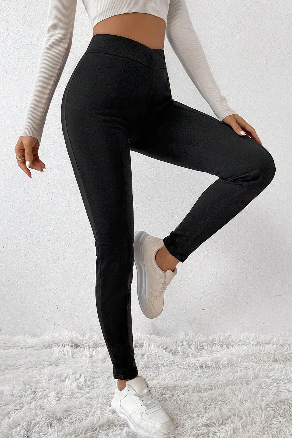 Black Cross-Waist Thermal Leggings