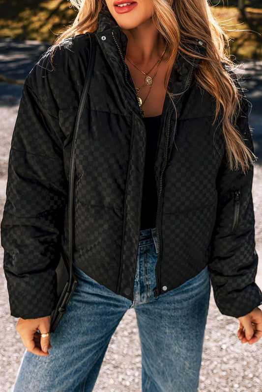 Black Checkerboard Zipper Puffer Jacket