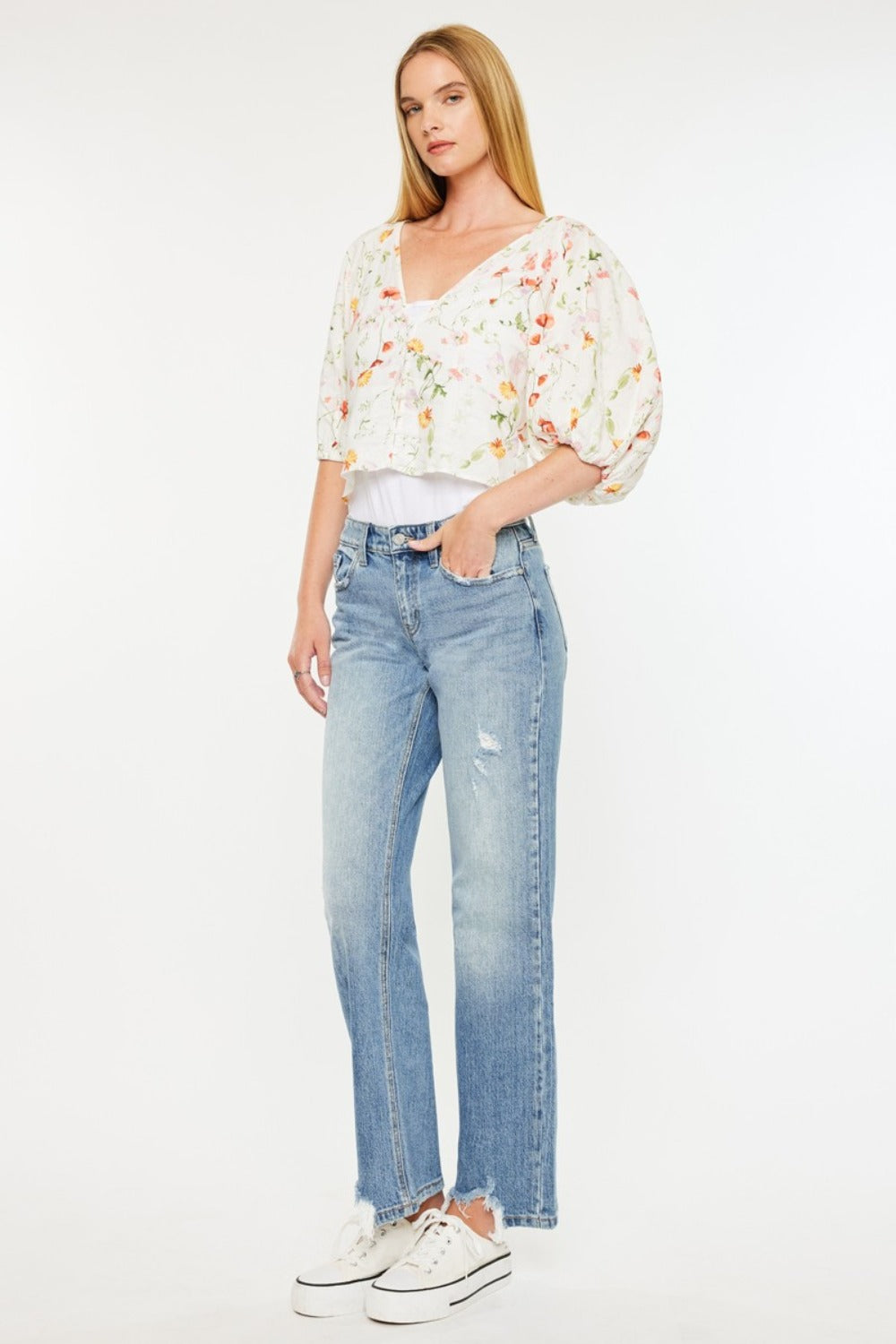 Kancan Mid Rise Straight Frayed Hem Jeans