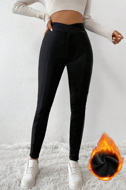 Black Cross-Waist Thermal Leggings