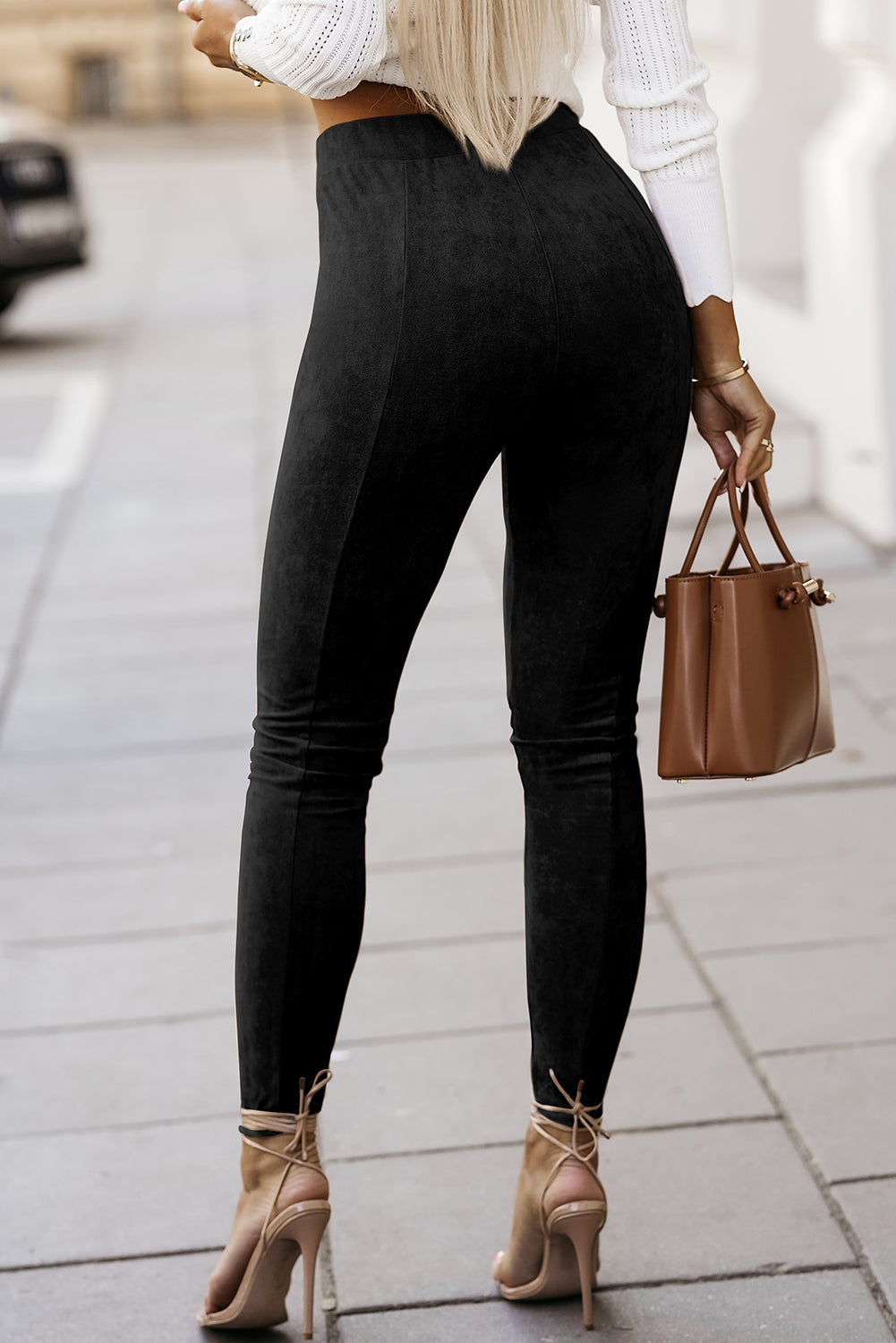 Faux Suede High-Waist Skinny Leggings - Black