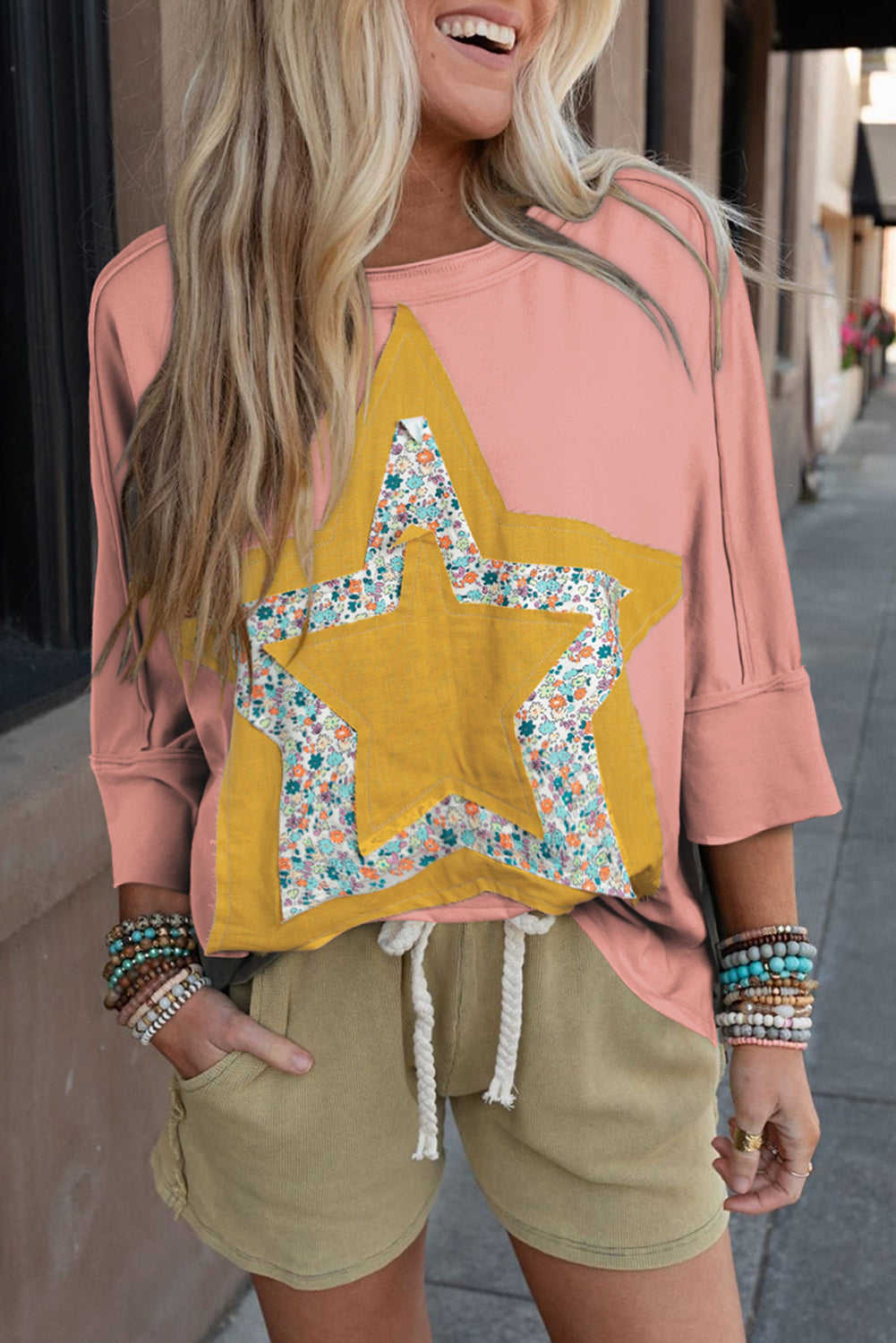 Grey Floral Star Exposed Seam Mineral Wash Top