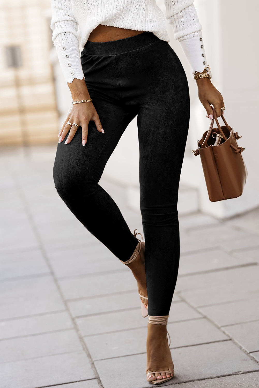 Faux Suede High-Waist Skinny Leggings - Black