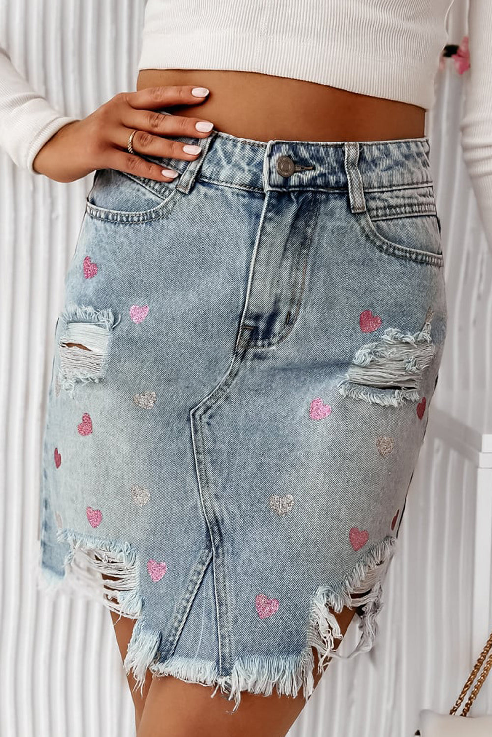 Shimmer Heart Pattern Distressed Denim Mini Skirt