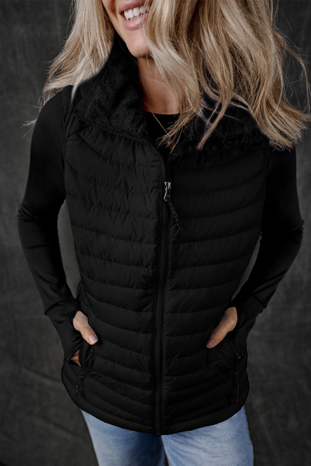 Black Quilted Zipped Puffer Vest