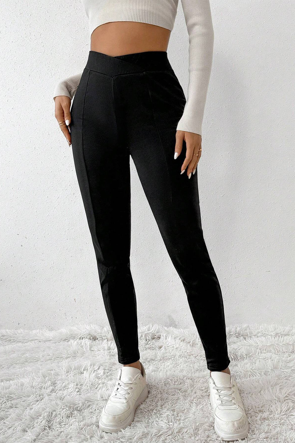 Black Cross-Waist Thermal Leggings