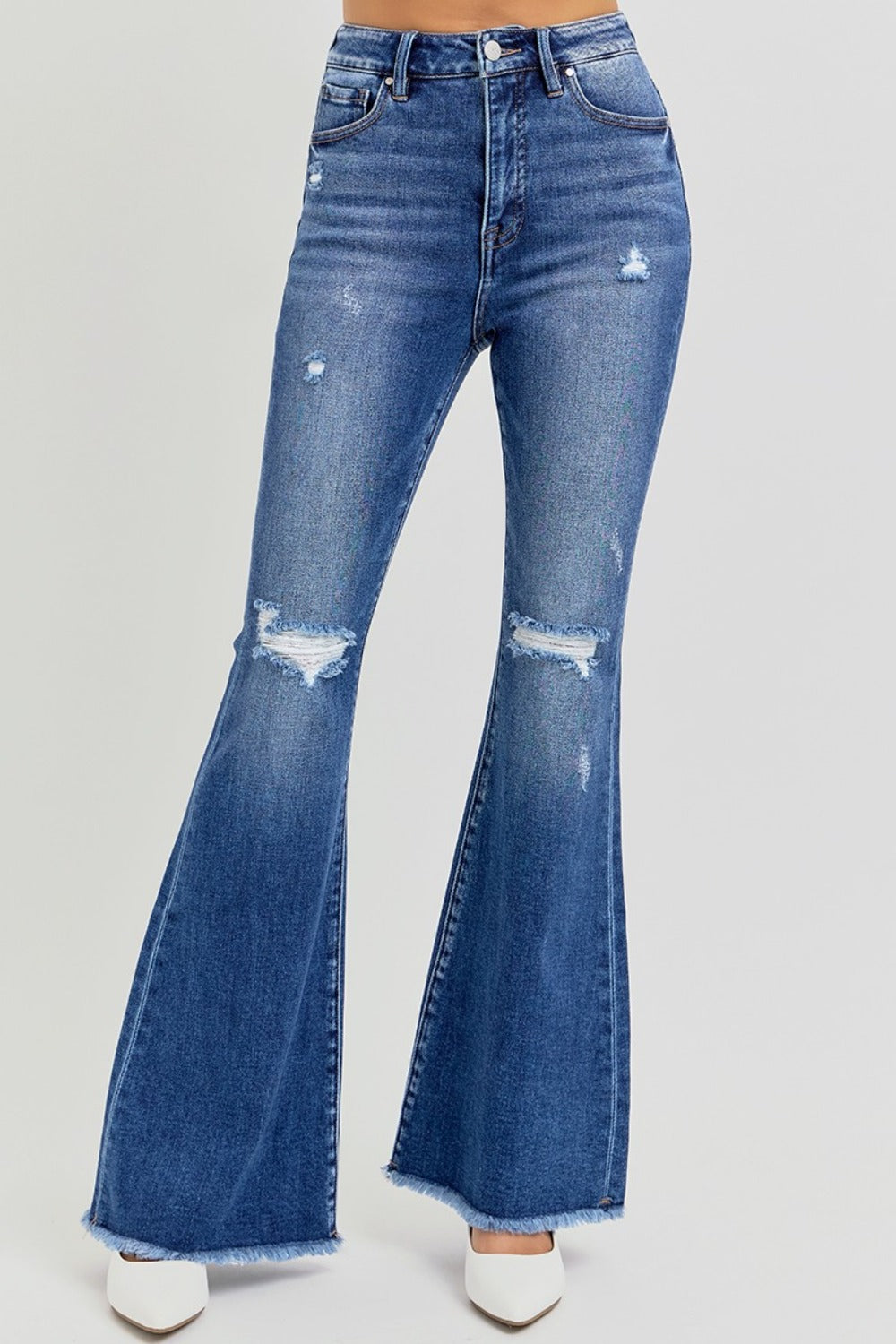 RISEN High Rise Flare Distressed Raw Hem Jeans