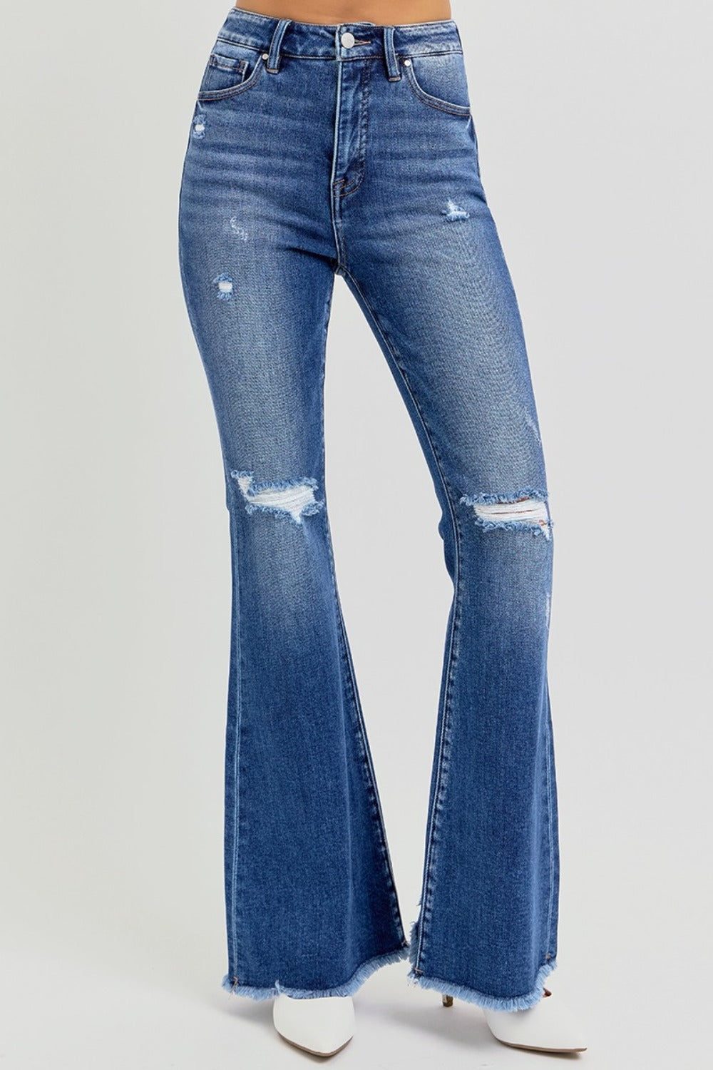 RISEN High Rise Flare Distressed Raw Hem Jeans