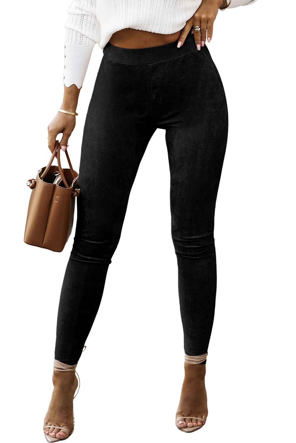 Faux Suede High-Waist Skinny Leggings - Black