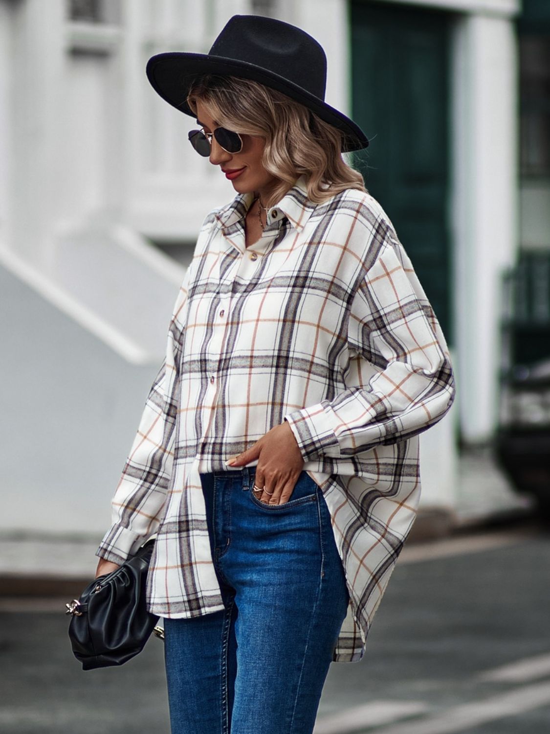 Plaid Collared Neck Long Sleeve Shirt