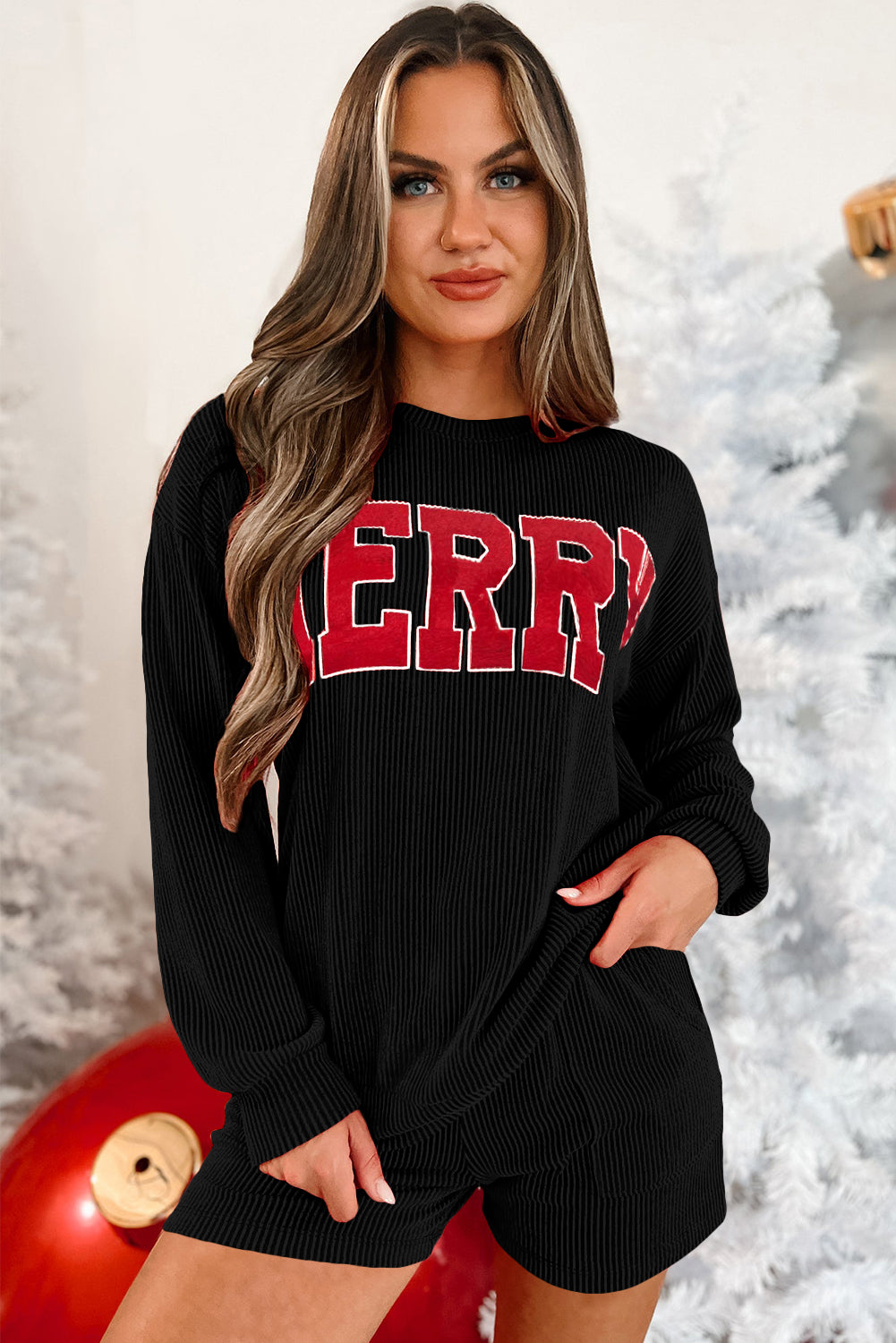 Black Corded Long Sleeve Top and Shorts Set for Christmas