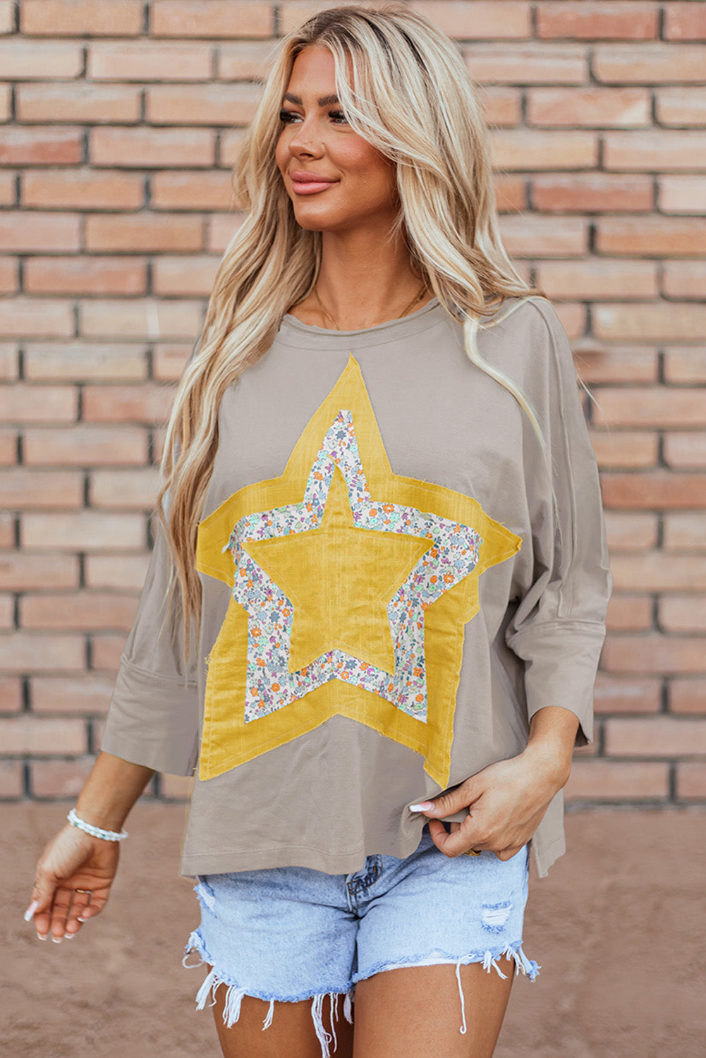 Grey Floral Star Exposed Seam Mineral Wash Top