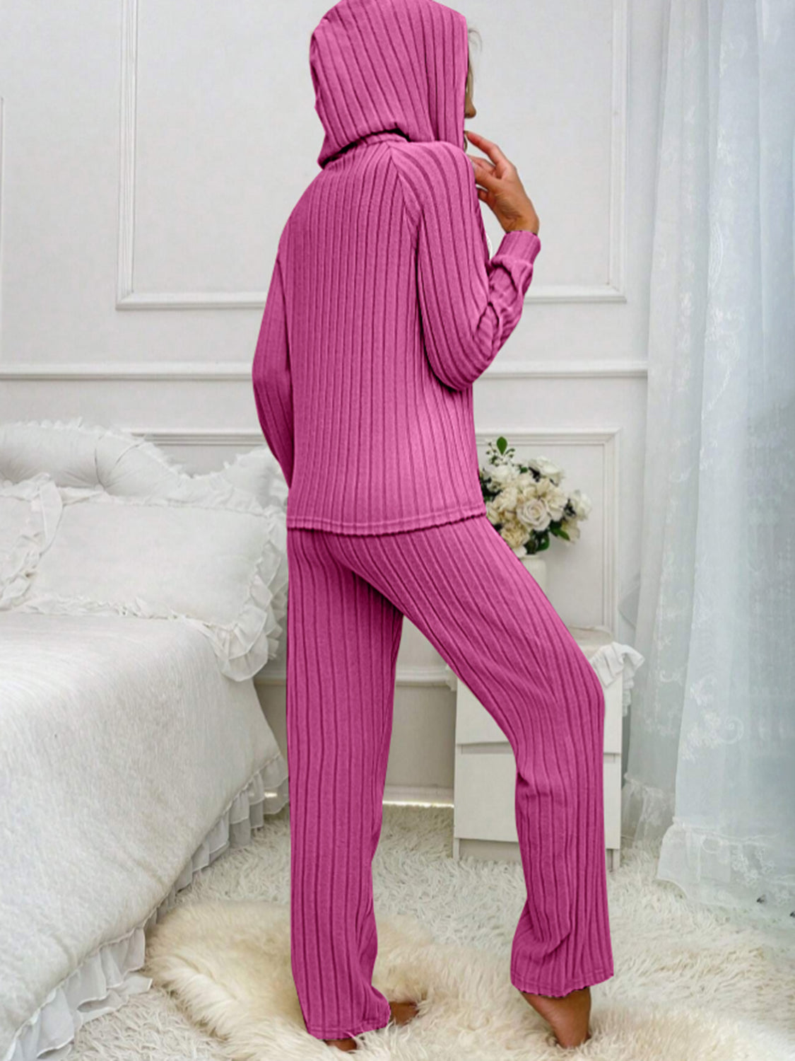 Hooded Top and Ribbed Pants Lounge Set - 4 colors