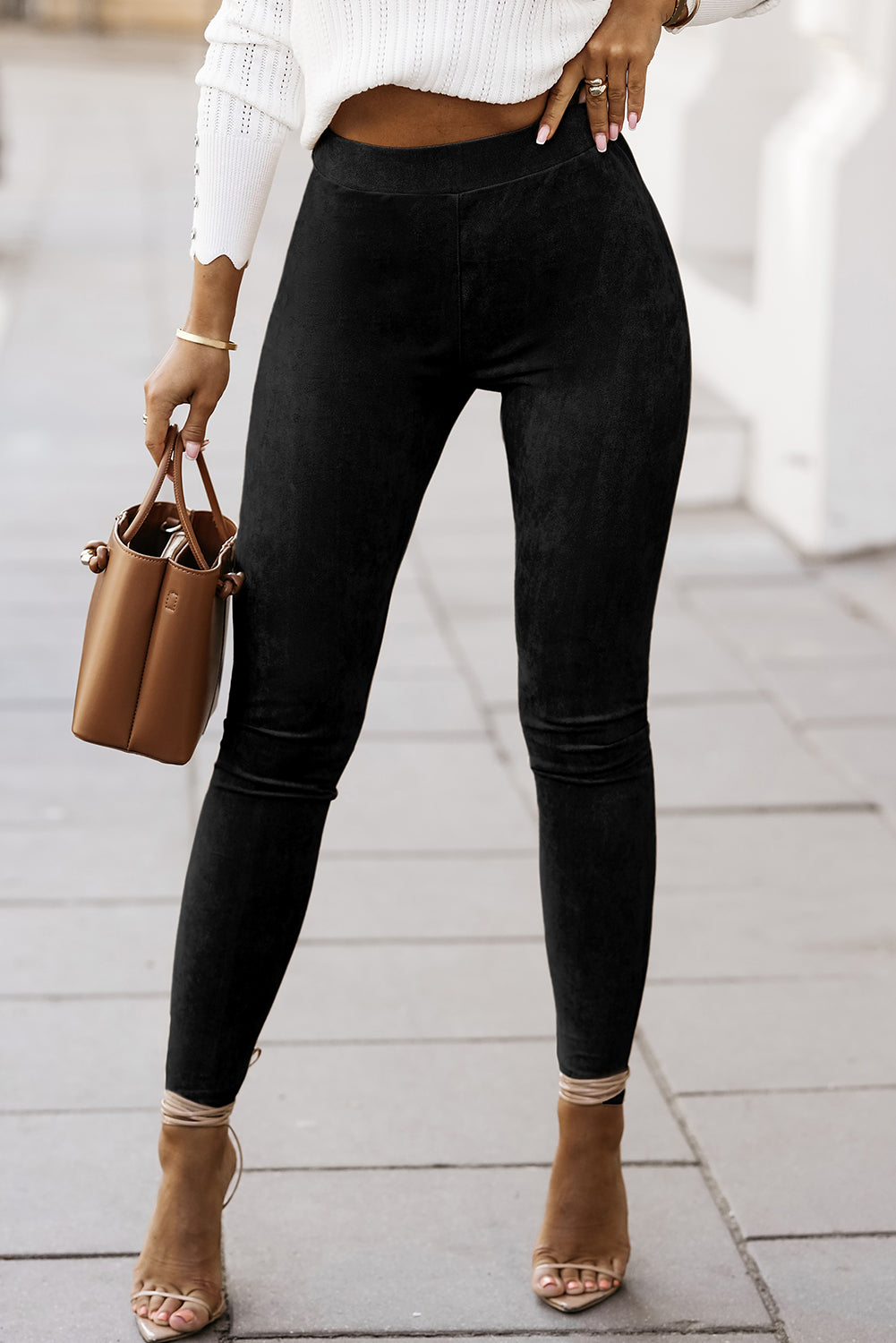 Faux Suede High-Waist Skinny Leggings - Black