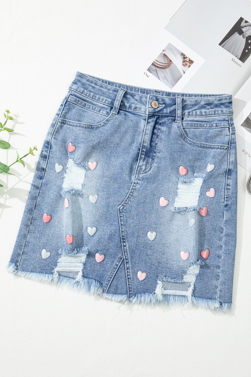 Shimmer Heart Pattern Distressed Denim Mini Skirt