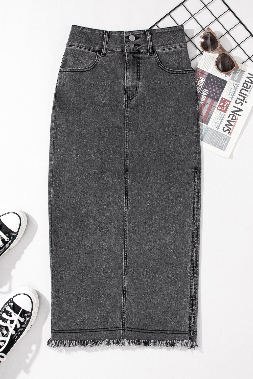 Black Midi Denim Skirt with Raw Edge, Side Slits, Button closure. Flat lay front view