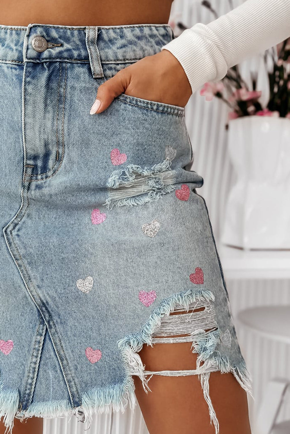 Shimmer Heart Pattern Distressed Denim Mini Skirt