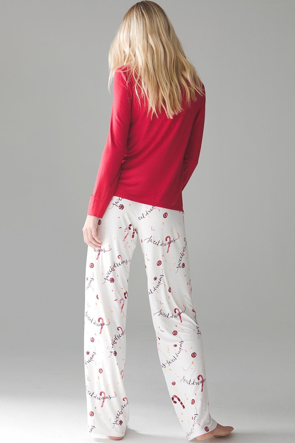 Red Solid Top and Christmas Pants Two Piece Lounge Set