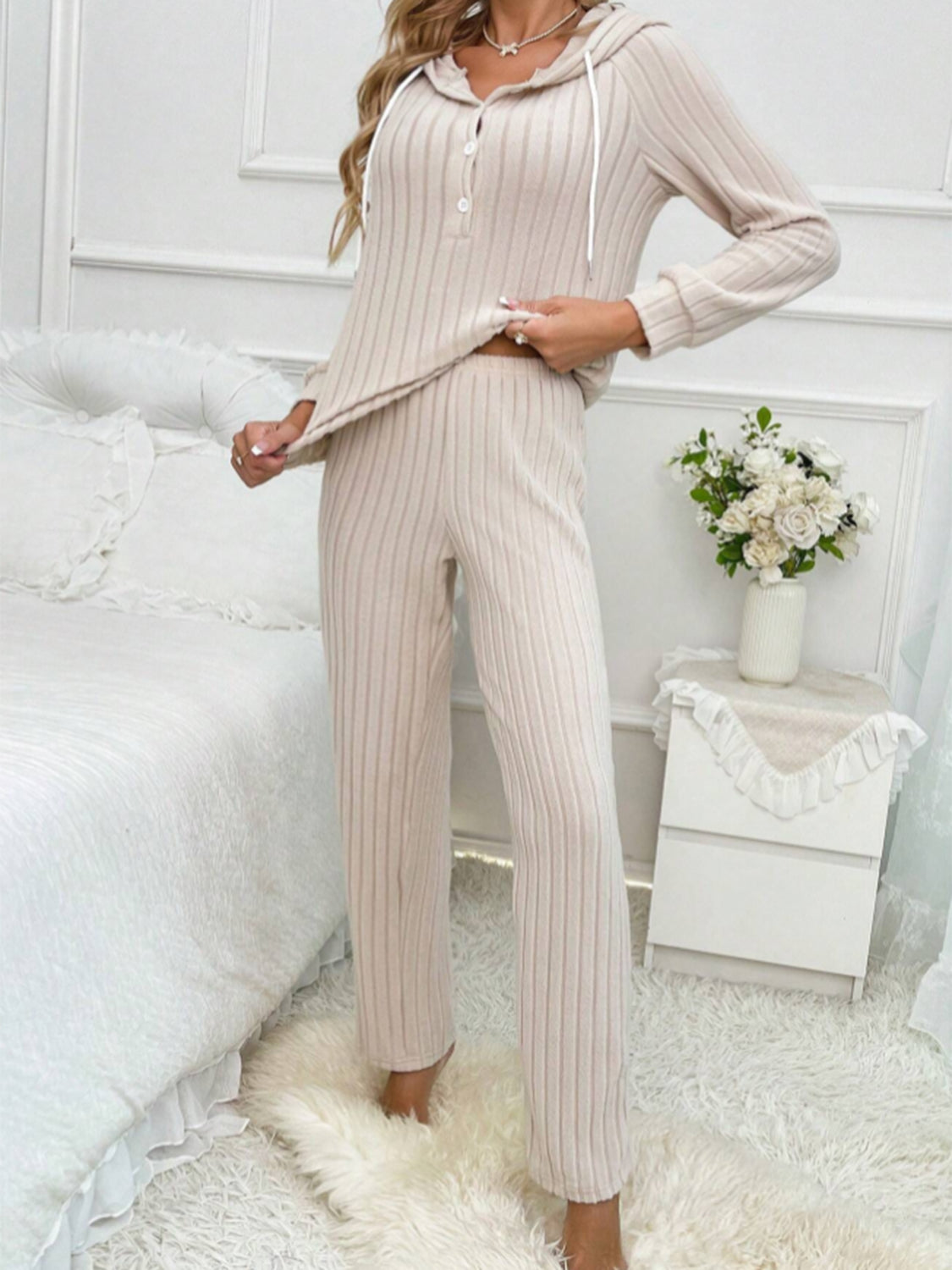 Hooded Top and Ribbed Pants Lounge Set - 4 colors