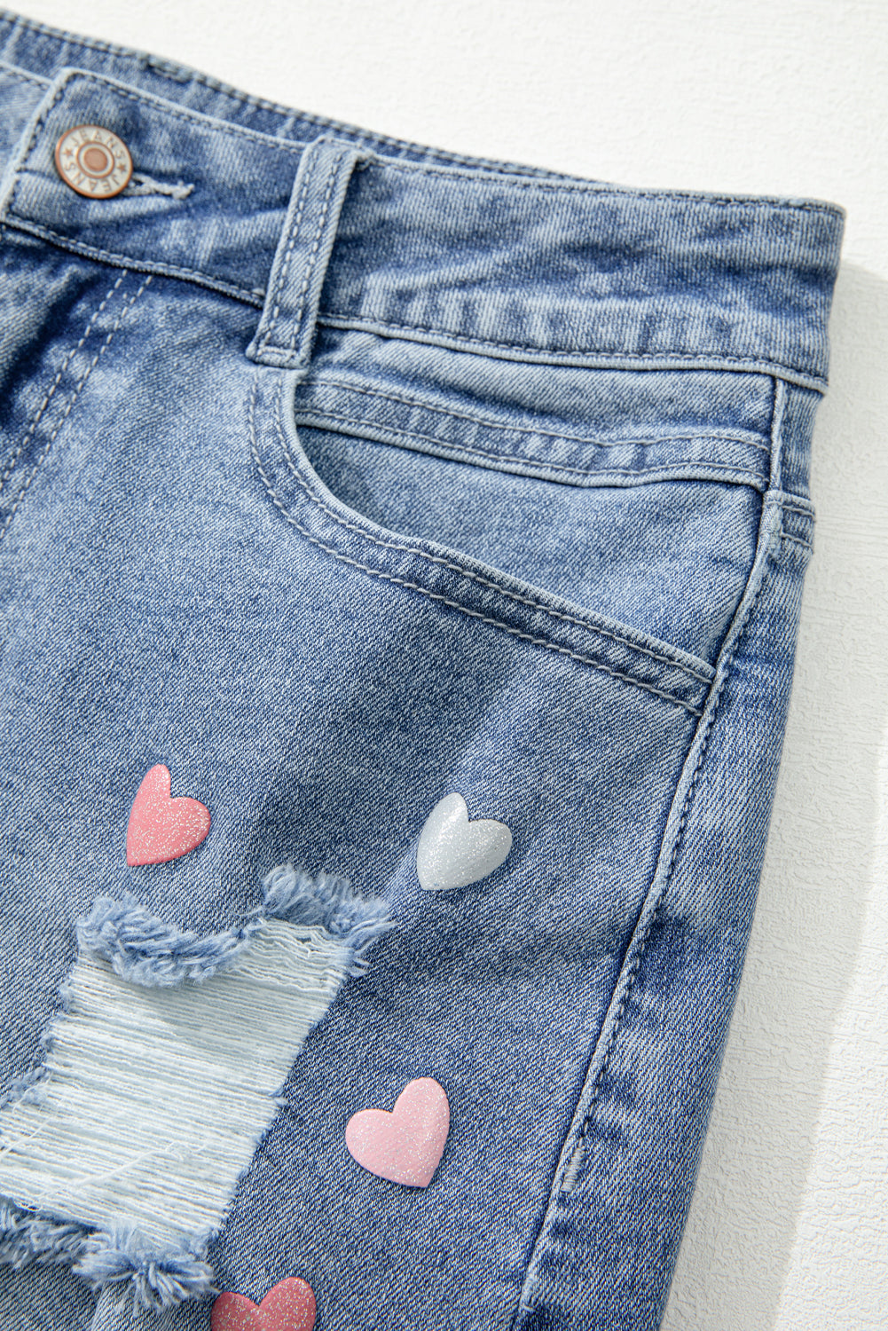 Shimmer Heart Pattern Distressed Denim Mini Skirt