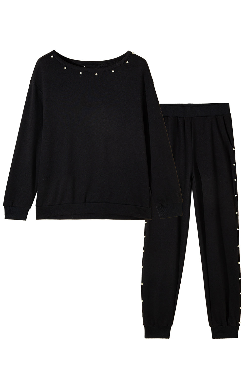 Black Beaded Detail Long Sleeve Shirt and Jogger Pants Set