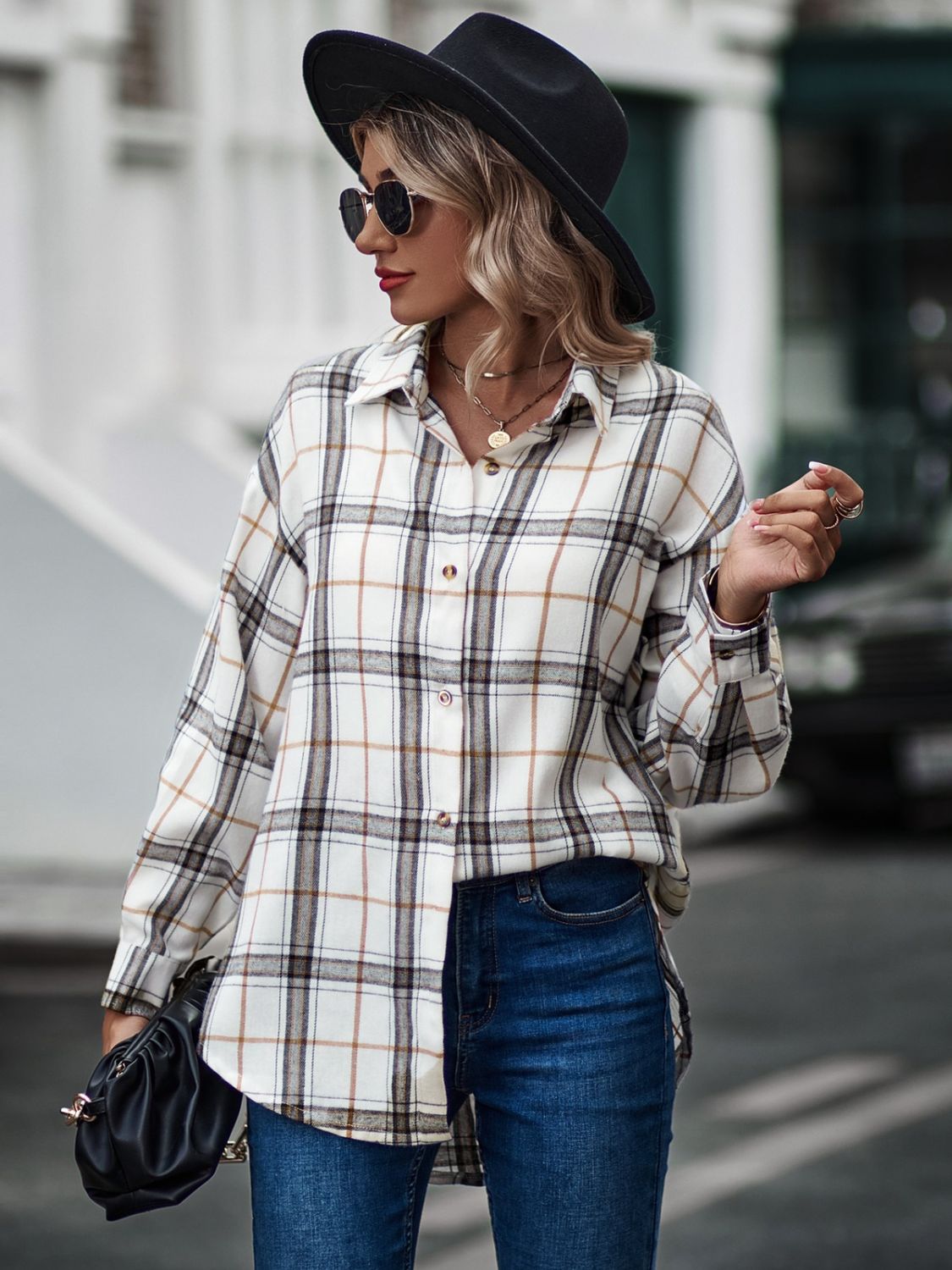 Plaid Collared Neck Long Sleeve Shirt