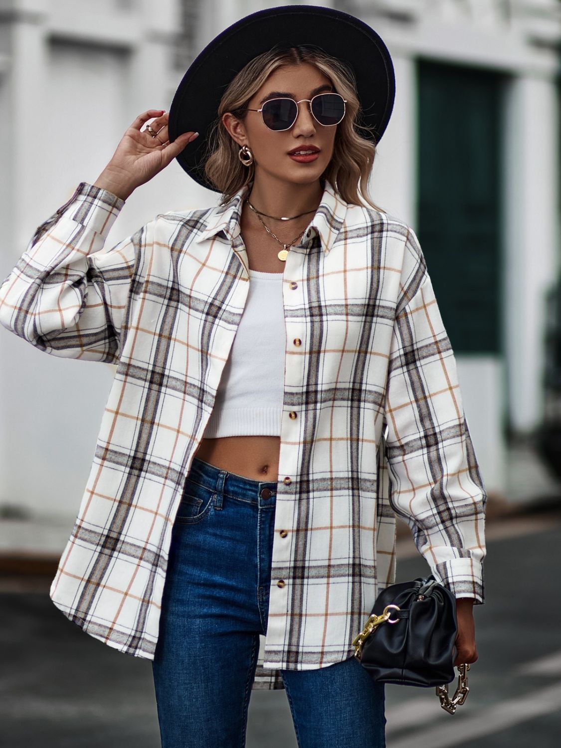 Plaid Collared Neck Long Sleeve Shirt