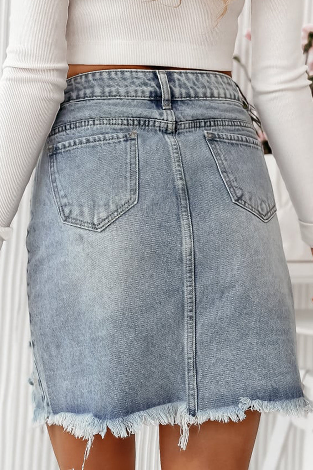 Shimmer Heart Pattern Distressed Denim Mini Skirt