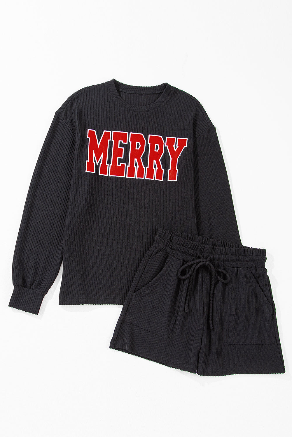 Black Corded Long Sleeve Top and Shorts Set for Christmas