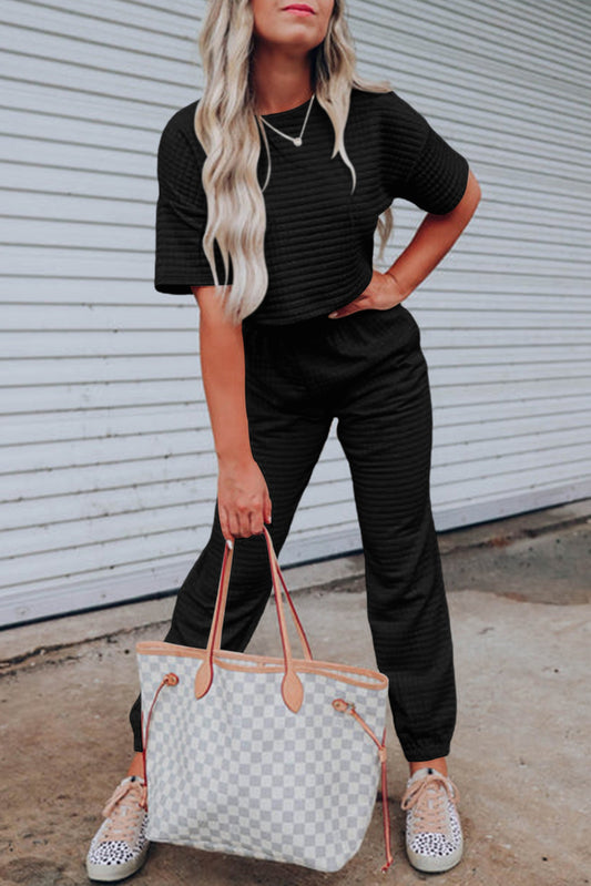 Lattice Textured Cropped Tee and Jogger Pants Set - Black