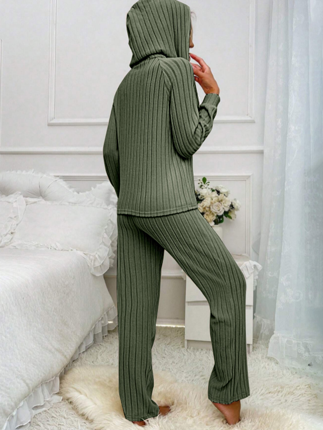 Hooded Top and Ribbed Pants Lounge Set - 4 colors