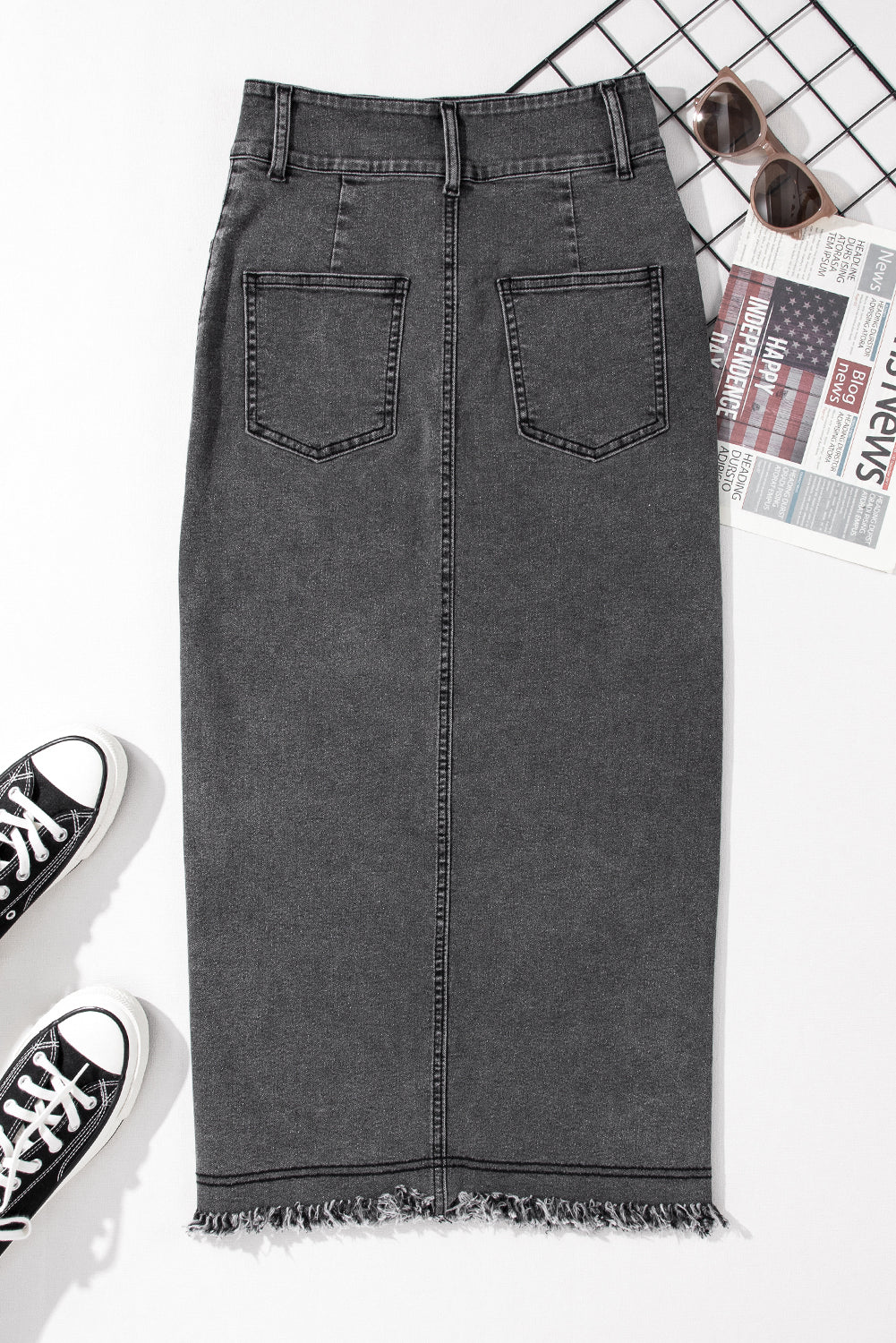 Black Midi Denim Skirt with Raw Edge, Side Slits, Button closure. Flat lay back view