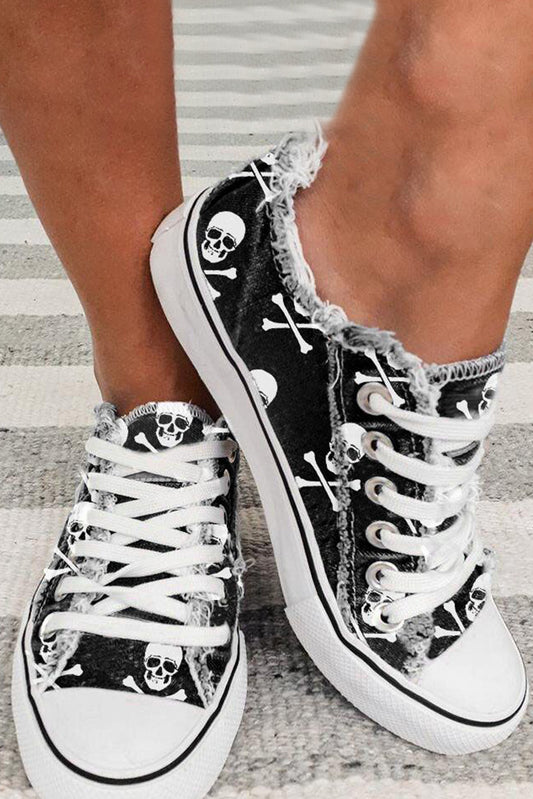 Skull Print Lace-up Canvas Sneakers - Black