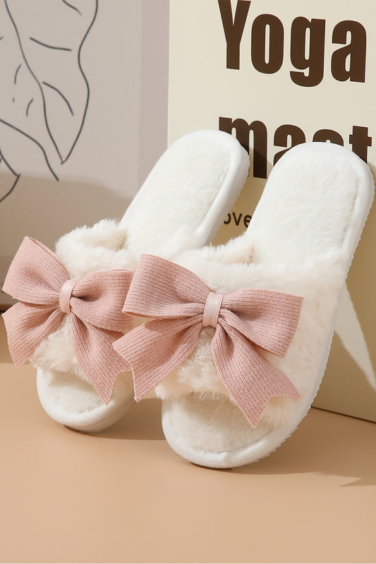 White Bow Open Toe Plush Slippers