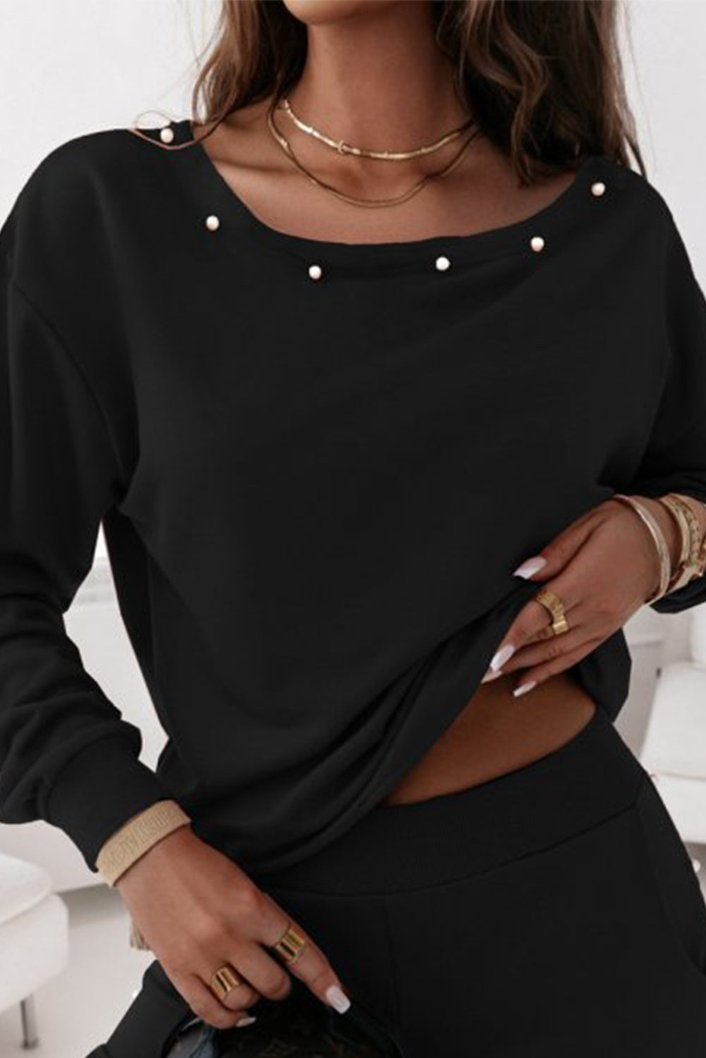 Black Beaded Detail Long Sleeve Shirt and Jogger Pants Set