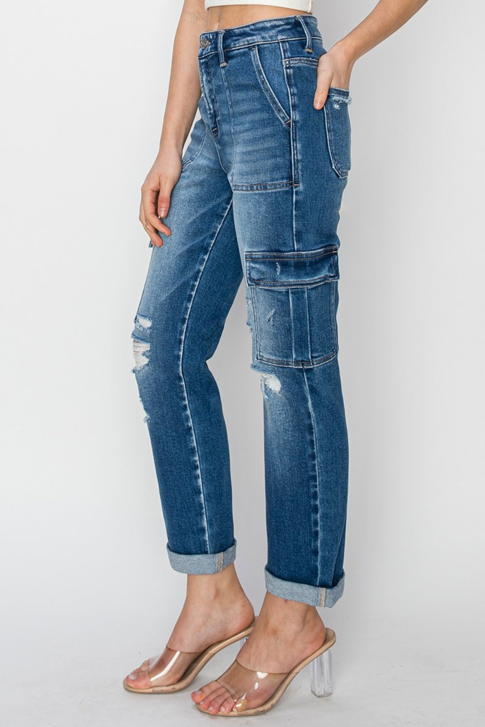 RISEN High-Rise Straight Cargo Ankle Roll-Up Jeans