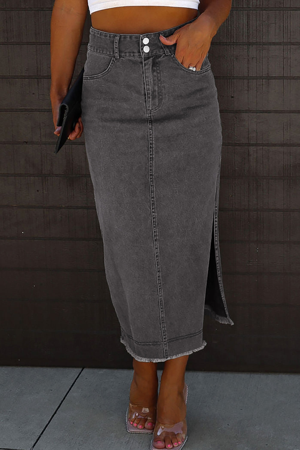 Black Midi Denim Skirt with Raw Edge, Side Slits, Button closure. Front view