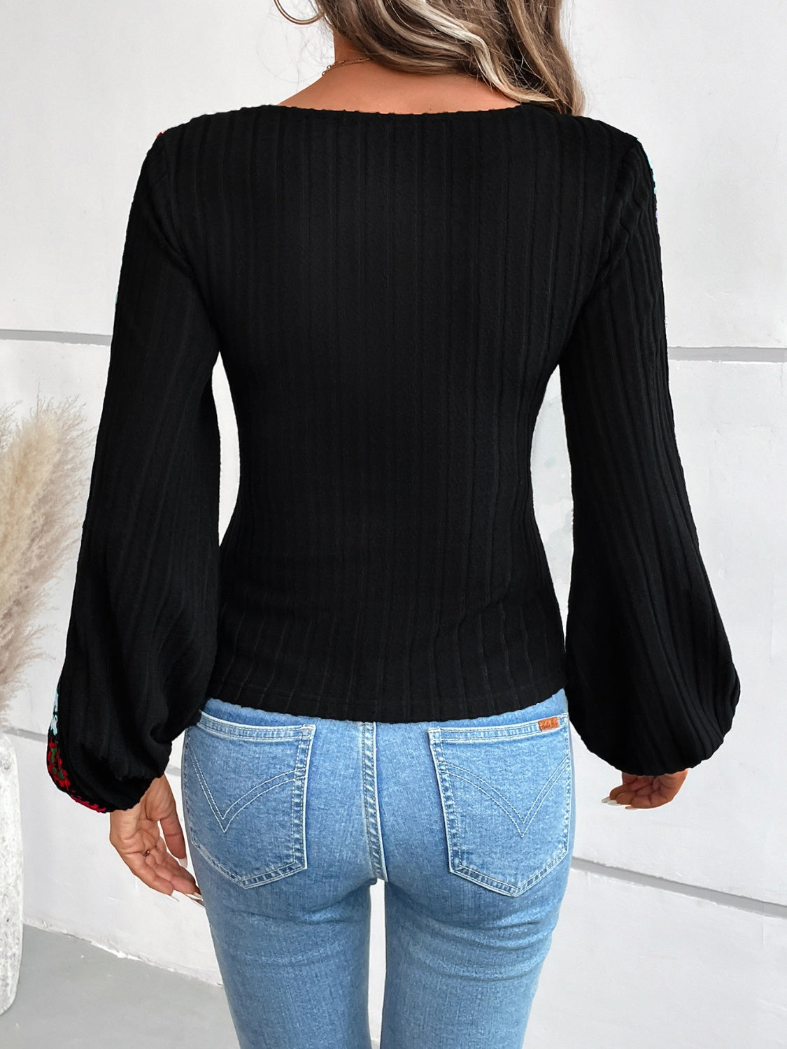 V-Neck Crochet Accents Long Sleeve Top