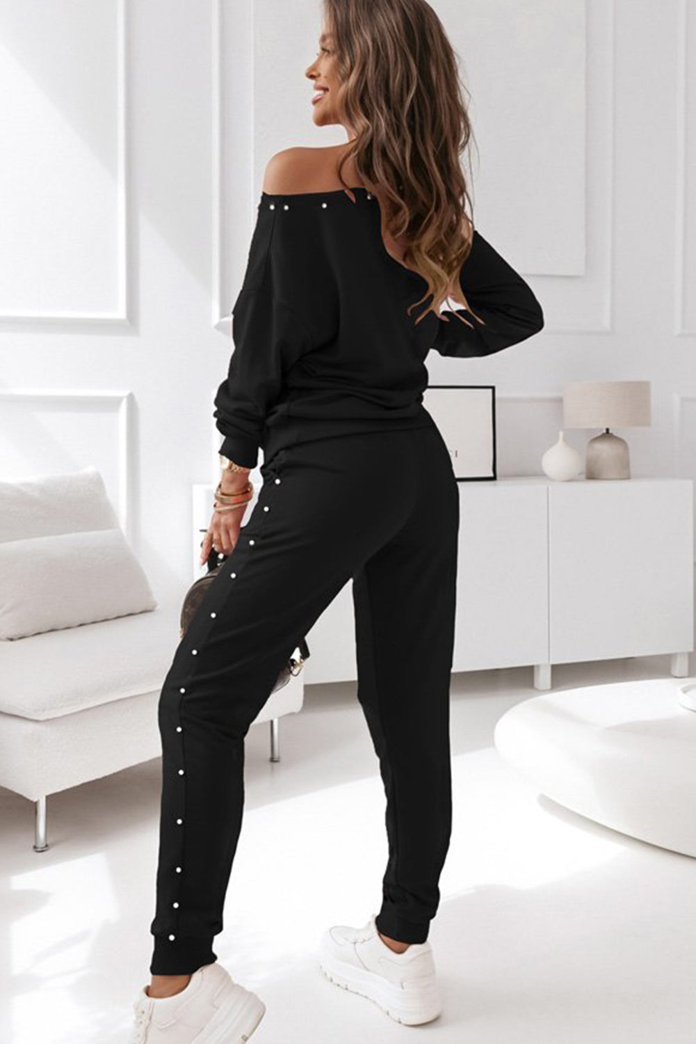 Black Beaded Detail Long Sleeve Shirt and Jogger Pants Set