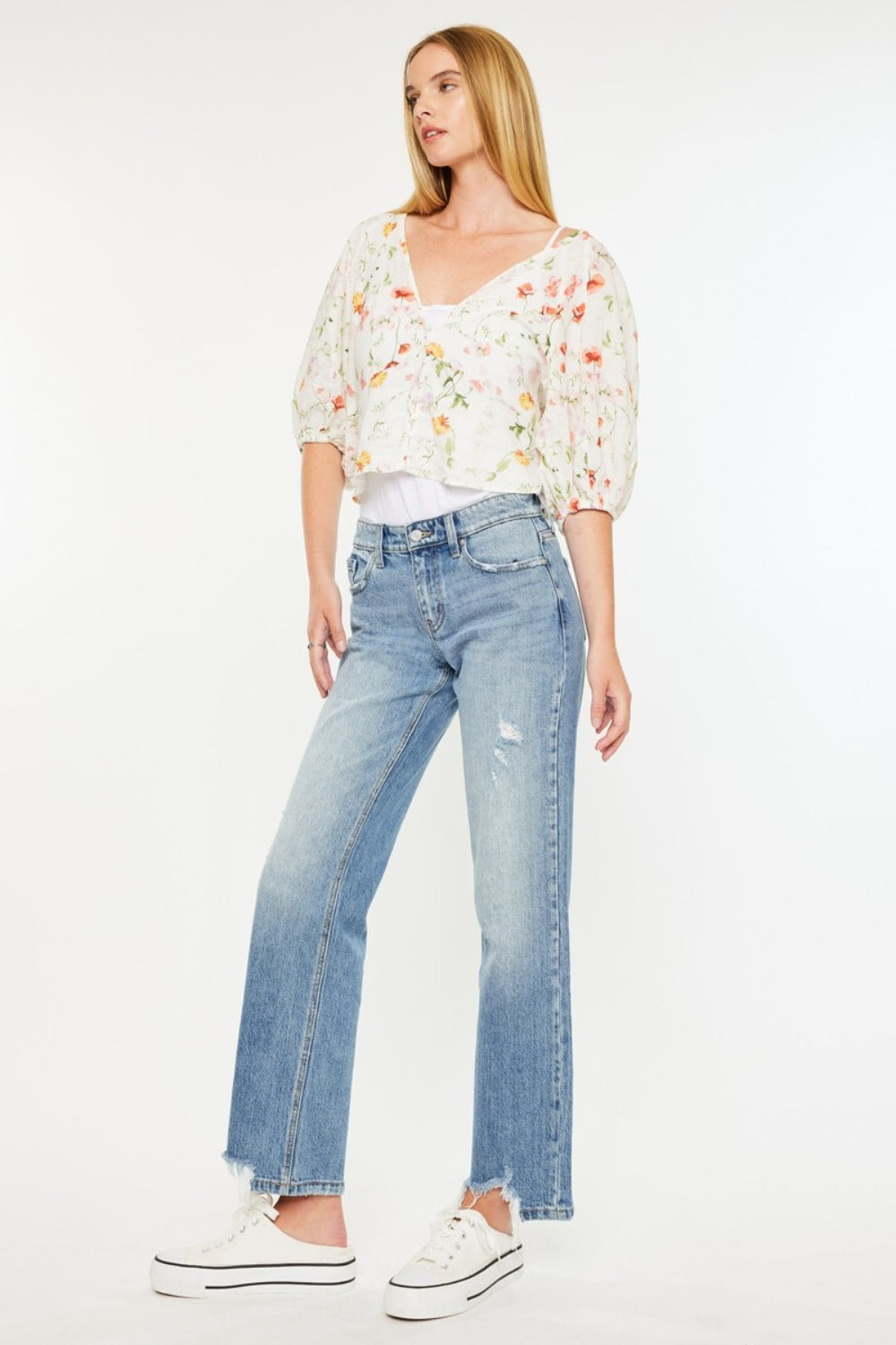 Kancan Mid Rise Straight Frayed Hem Jeans