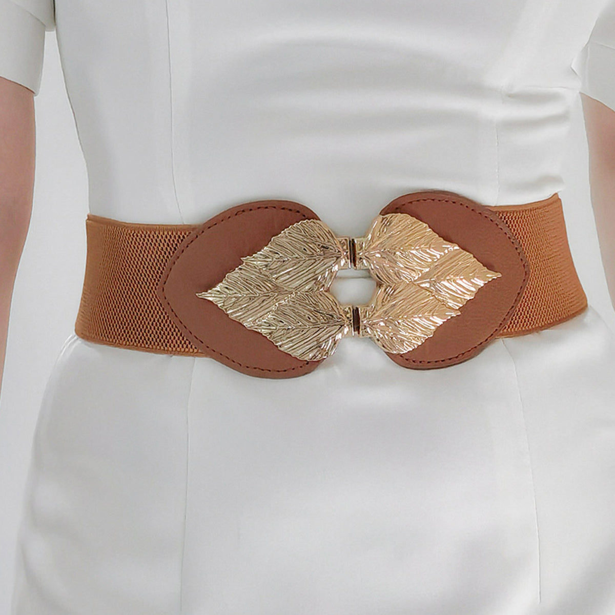 Elastic Belt with Alloy Leaf Buckle - 2 colors