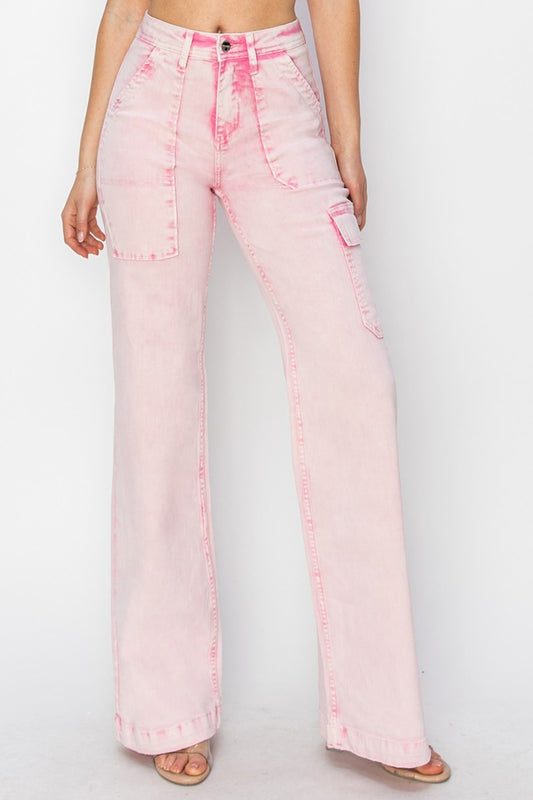 RISEN High Rise Wide Leg Cargo Pocket Jeans in Acid Pink