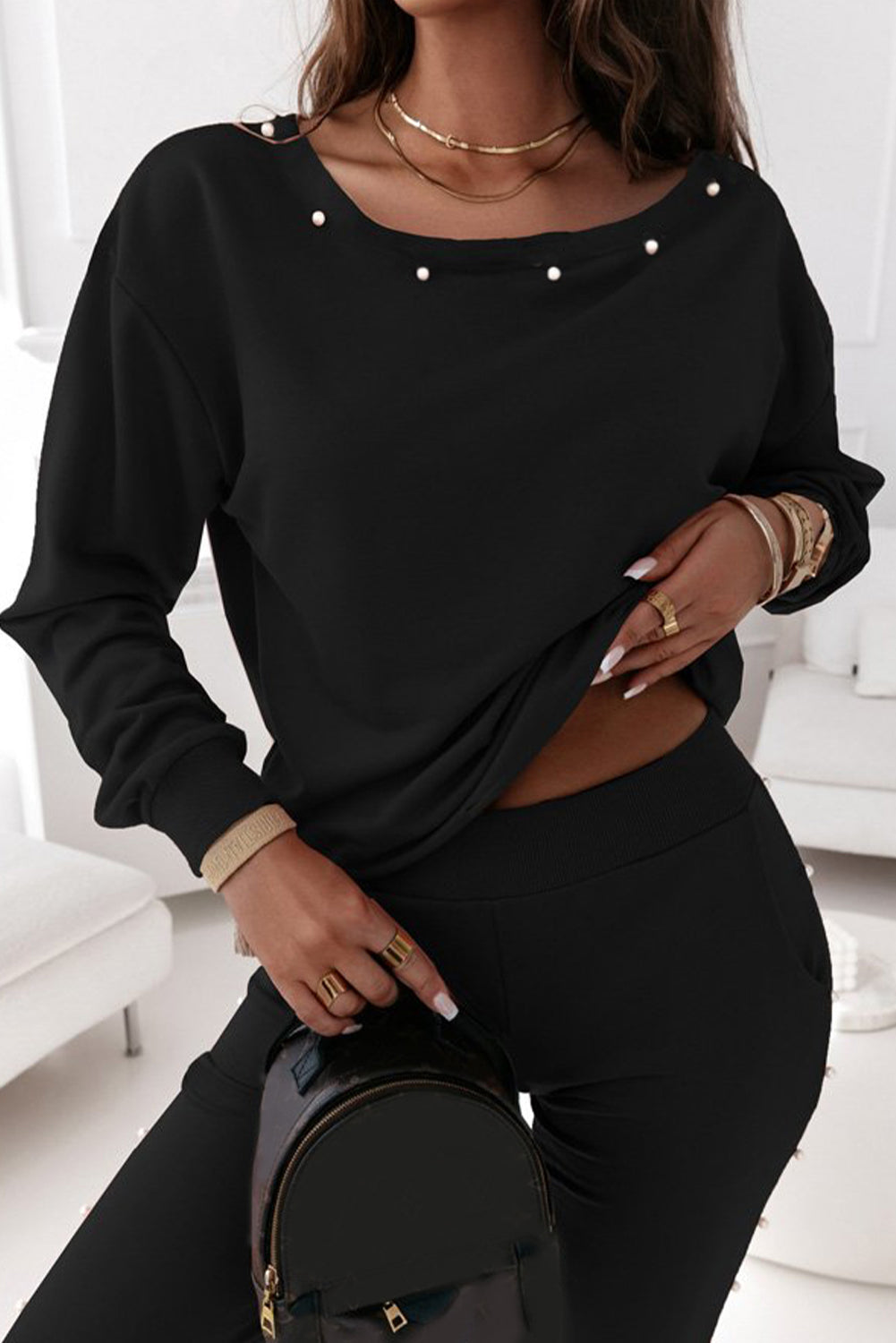 Black Beaded Detail Long Sleeve Shirt and Jogger Pants Set